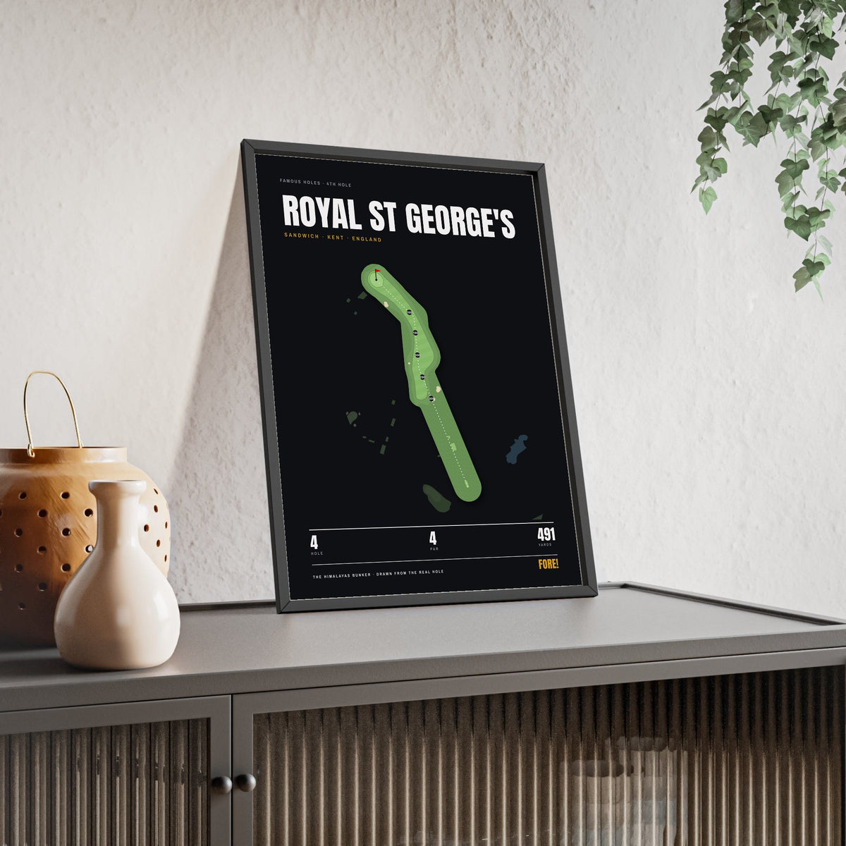 Royal St George's 4th Hole print framed and leaning on a sideboard