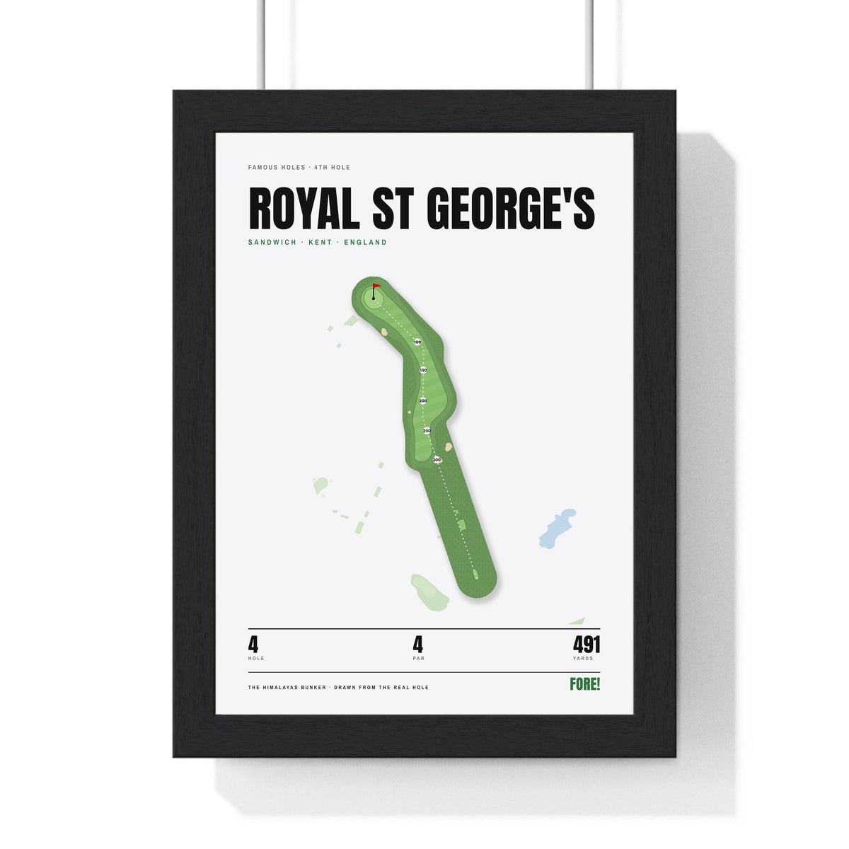 Royal St George's 4th Hole White print framed in a black frame, ready to hang
