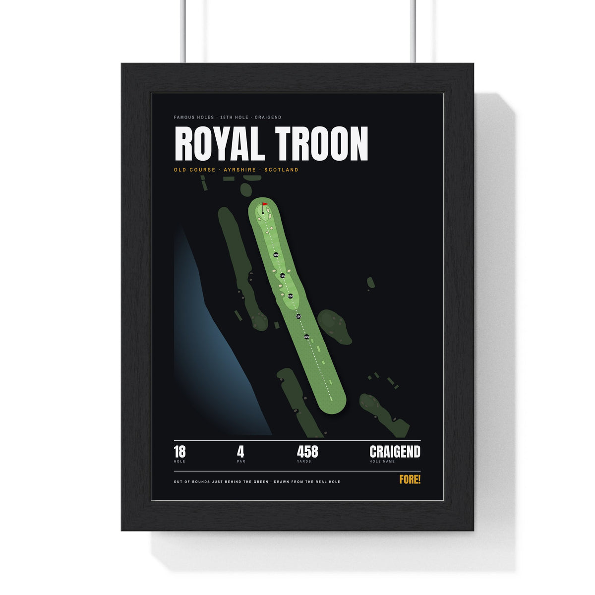 Royal Troon 18th Hole print framed in a black frame, ready to hang