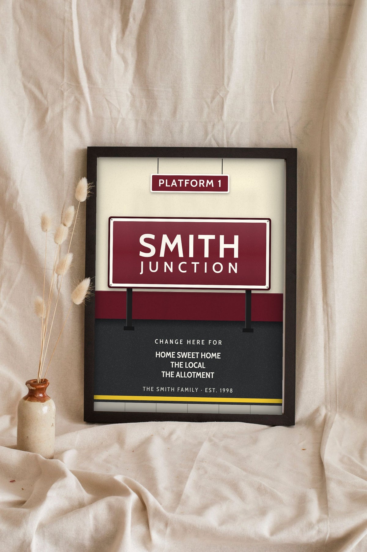 Personalised Railway Station Sign Print - Lifestyle - leaning in a frame with dried flowers