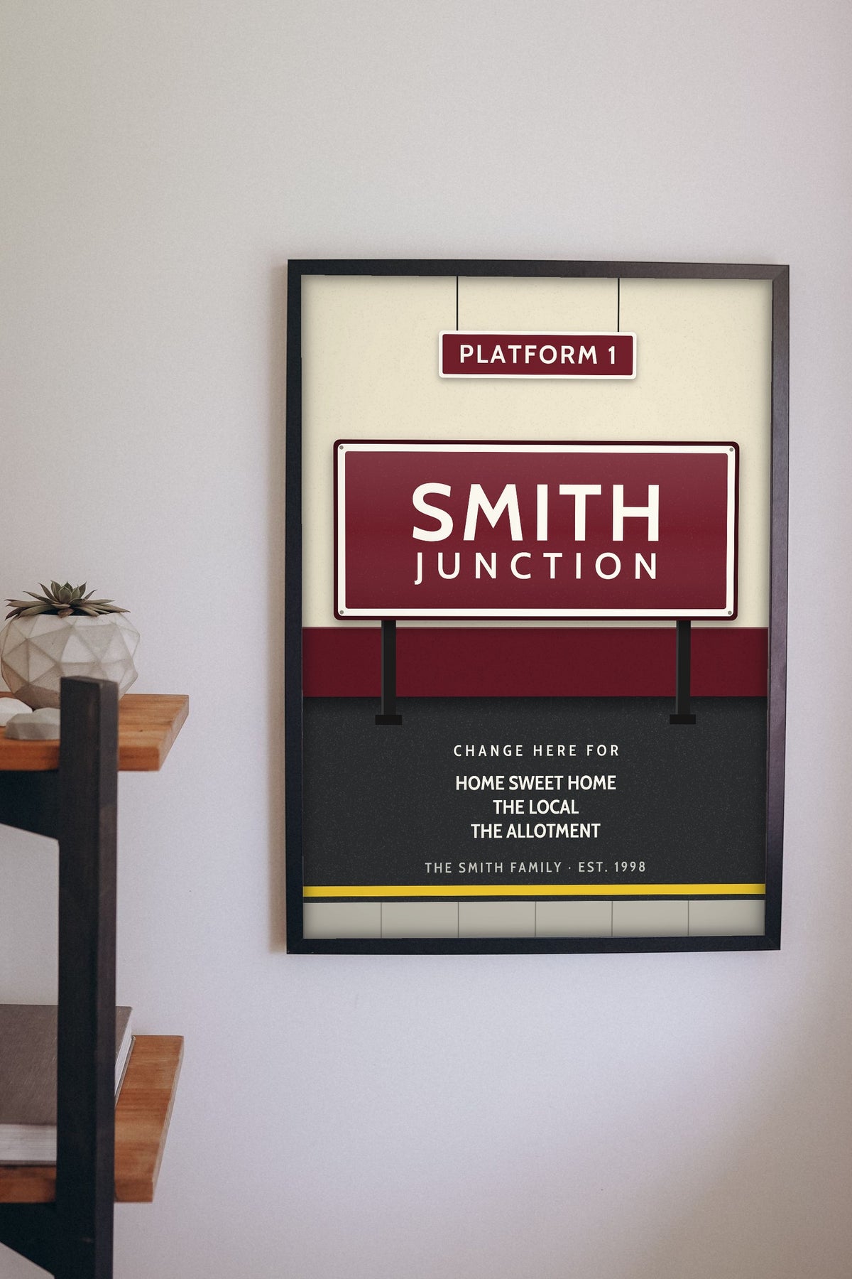 Personalised Railway Station Sign Print - Lifestyle - hanging on a living room wall
