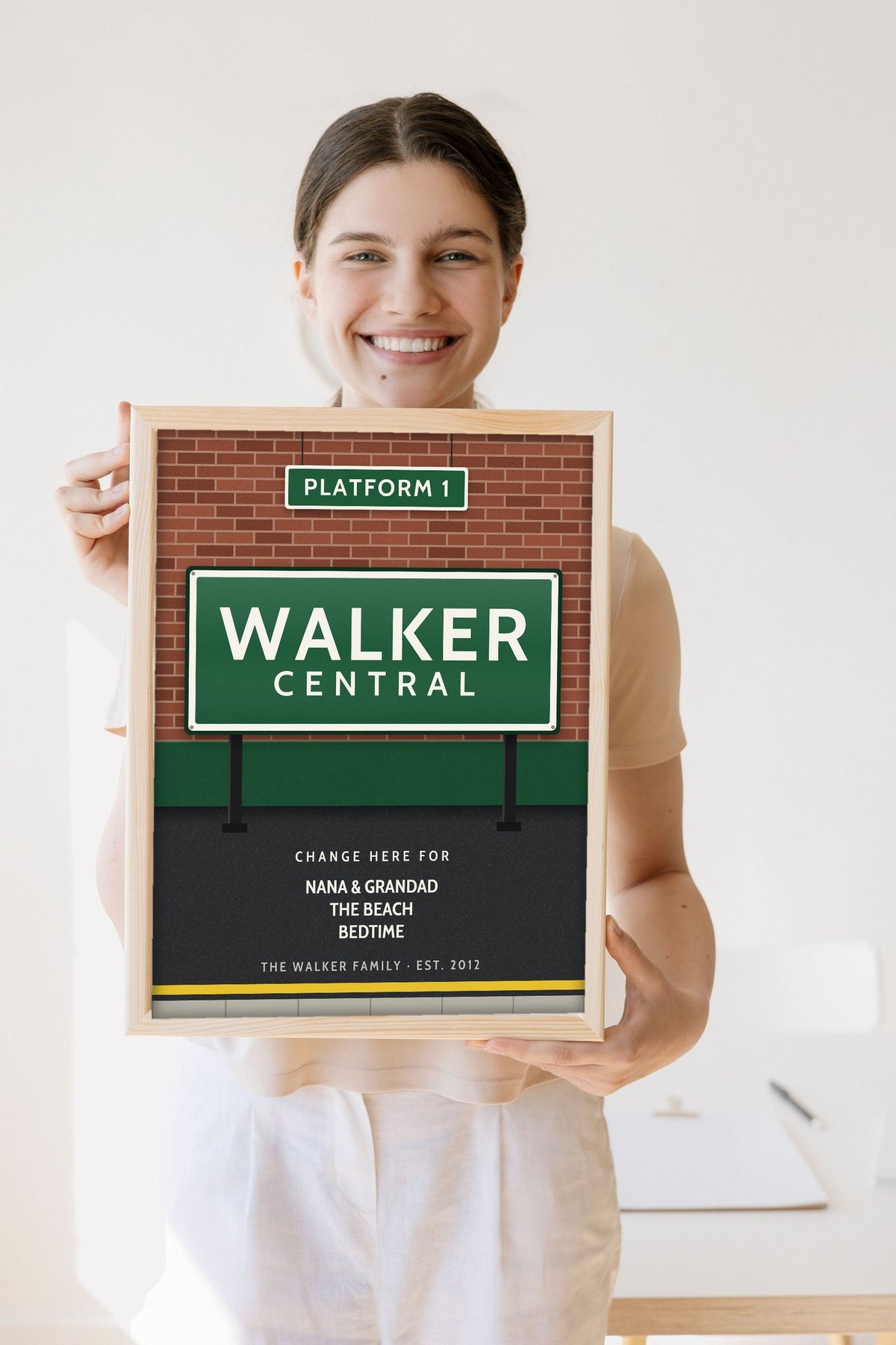 Personalised Railway Station Sign Print - Lifestyle - held by a smiling woman