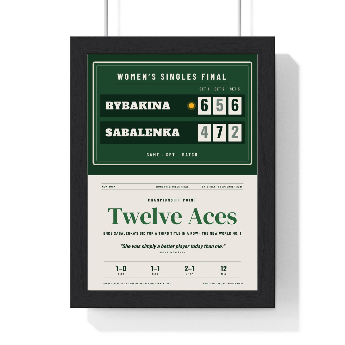 Twelve Aces 2026 Tennis print framed in a black frame, ready to hang