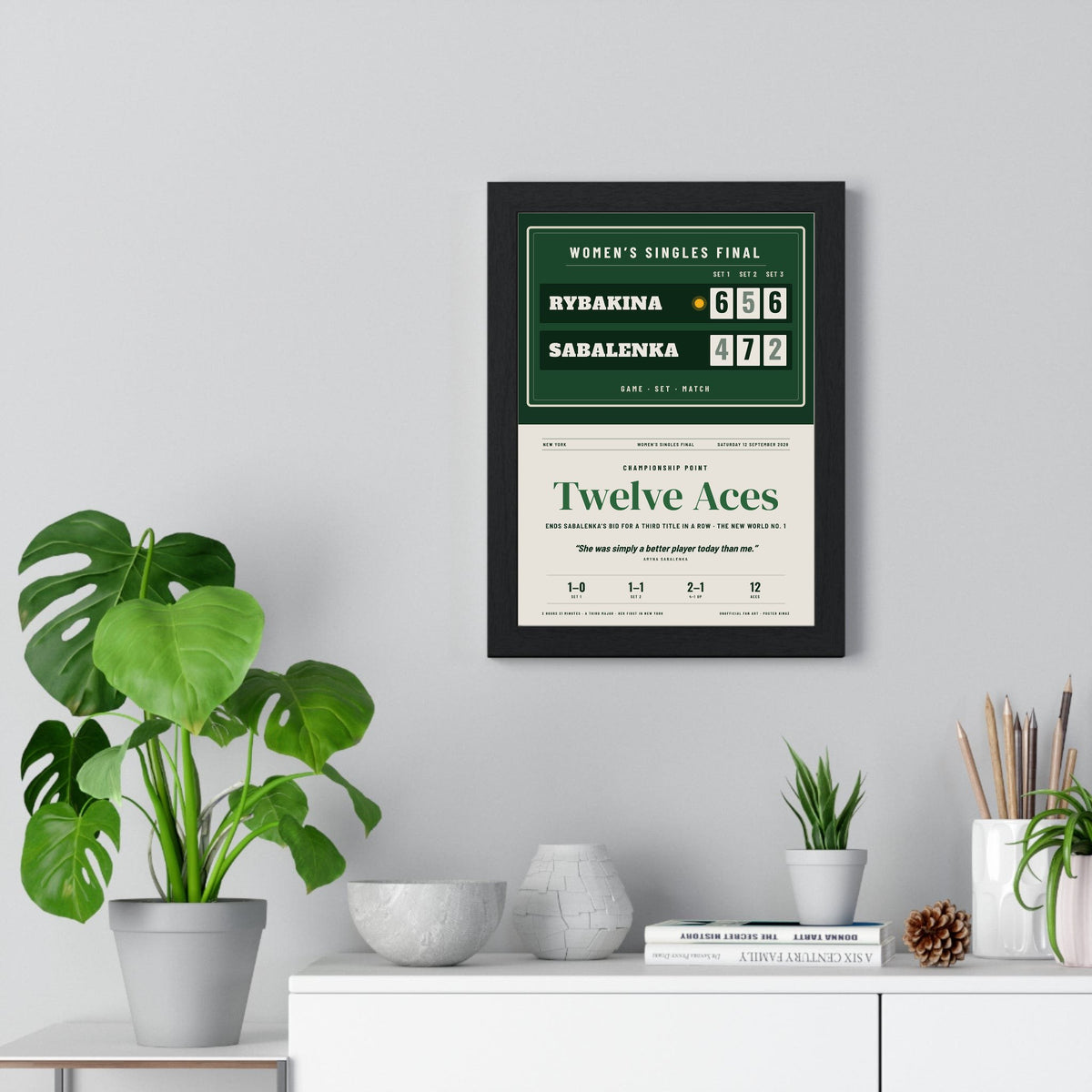 Twelve Aces 2026 Tennis print framed on a living room wall