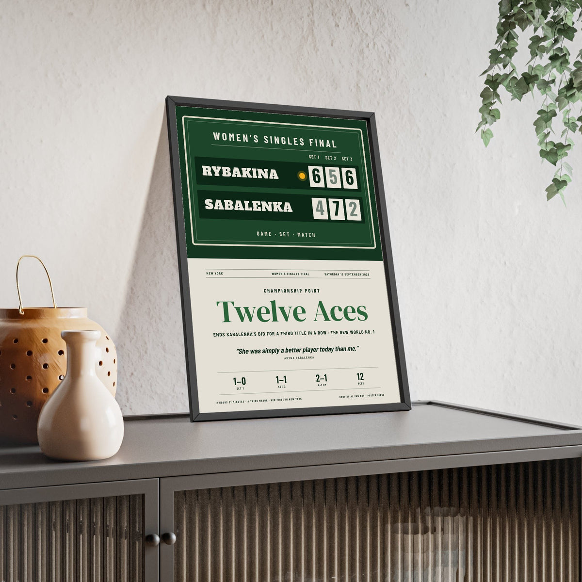 Twelve Aces 2026 Tennis print framed and leaning on a sideboard