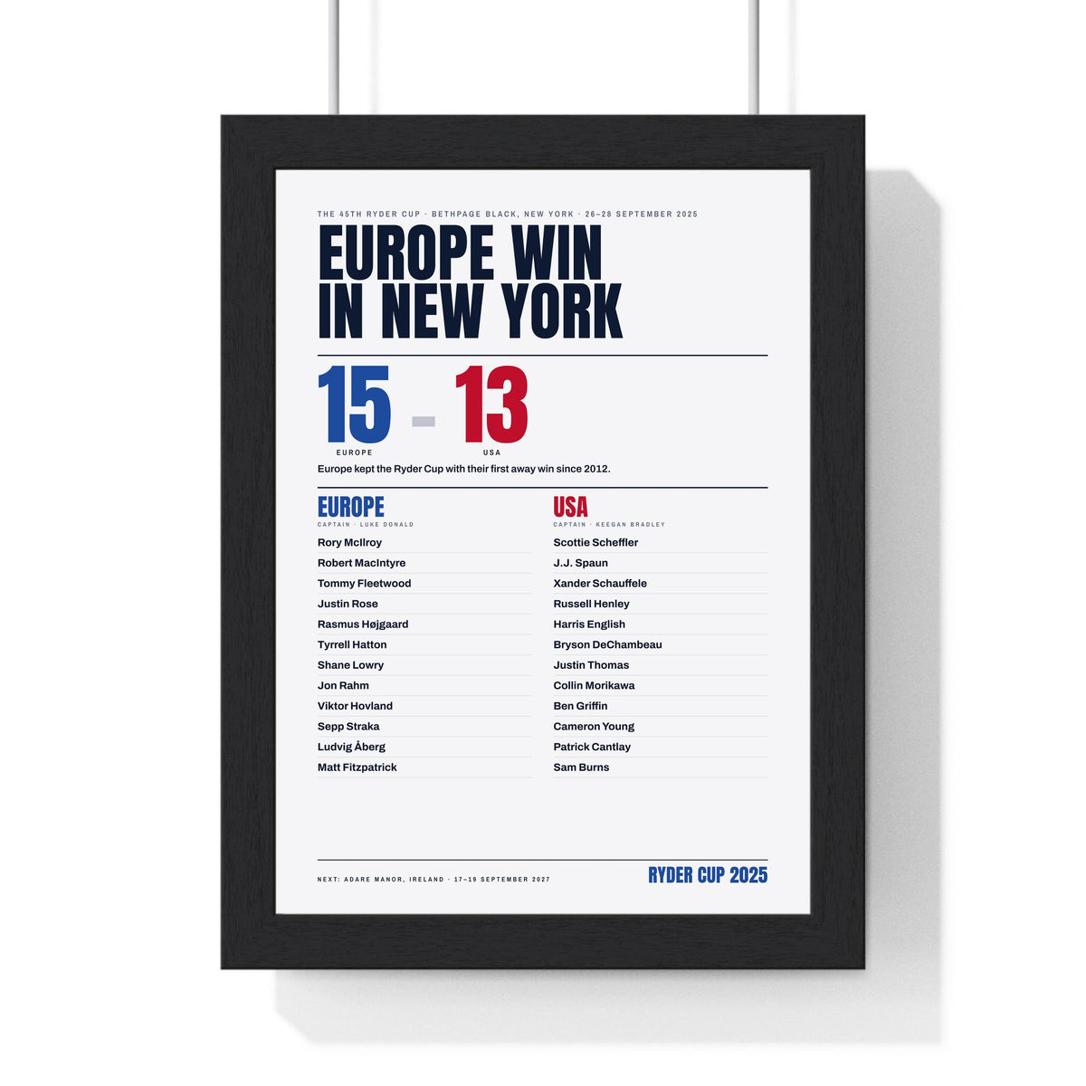 Europe Ryder Cup 2025 Winners print framed in a black frame, ready to hang