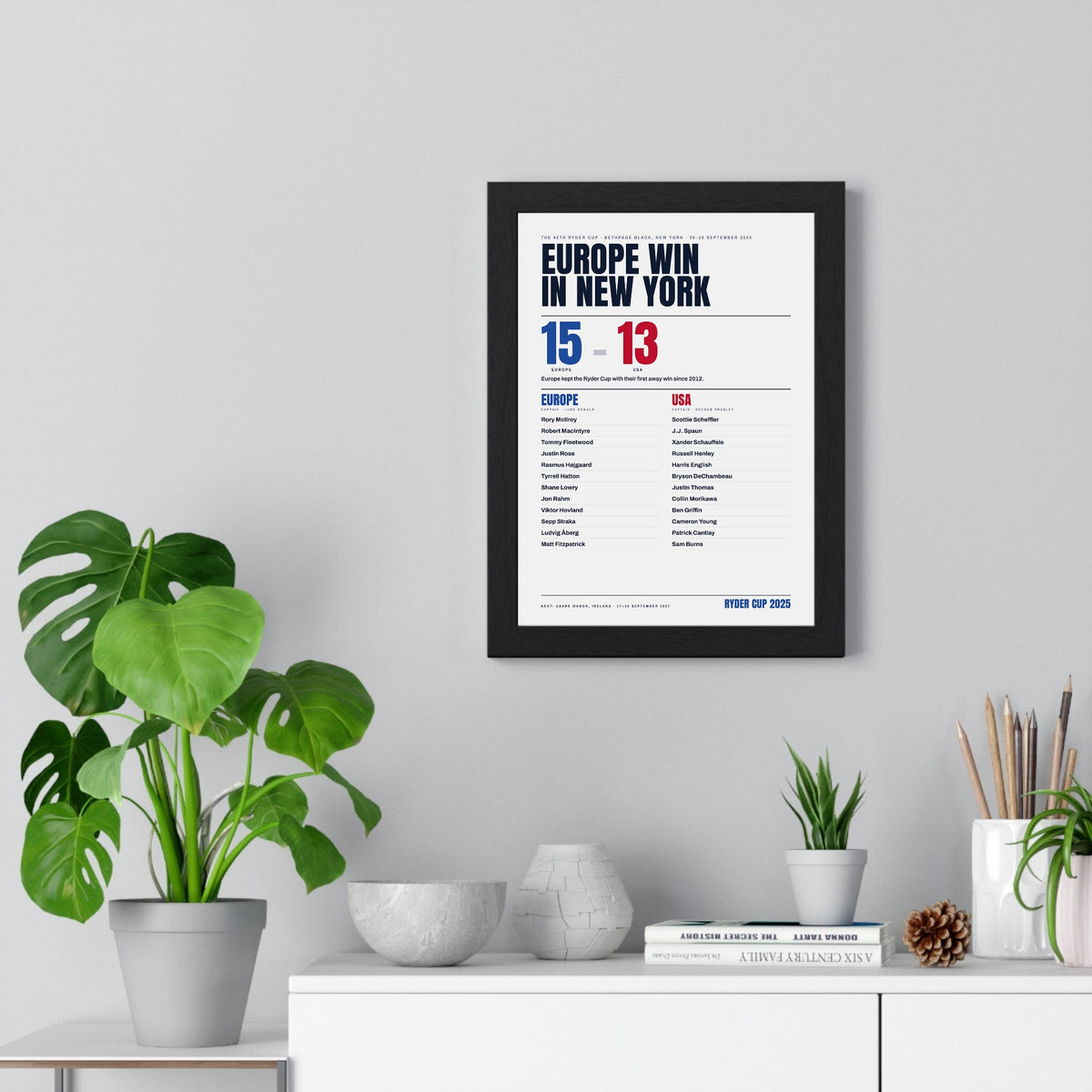 Europe Ryder Cup 2025 Winners print framed on a living room wall