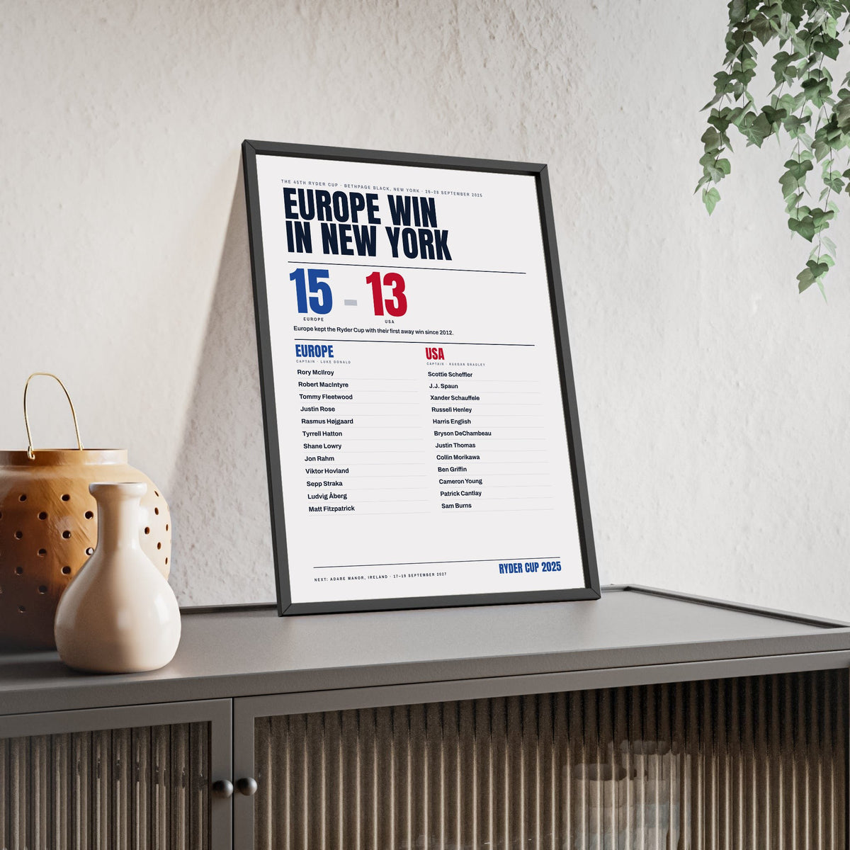 Europe Ryder Cup 2025 Winners print framed and leaning on a sideboard