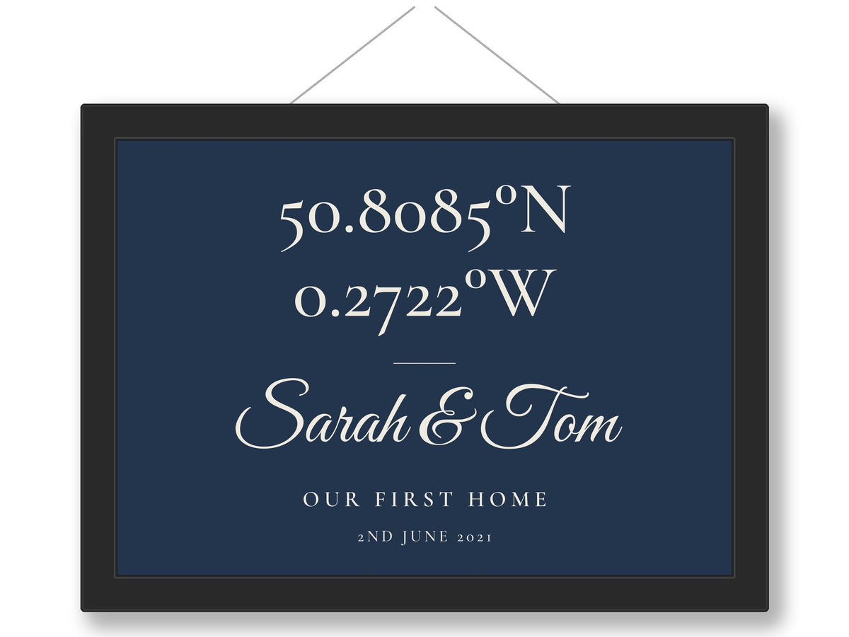 Framed personalised coordinates print for wedding or anniversary gift