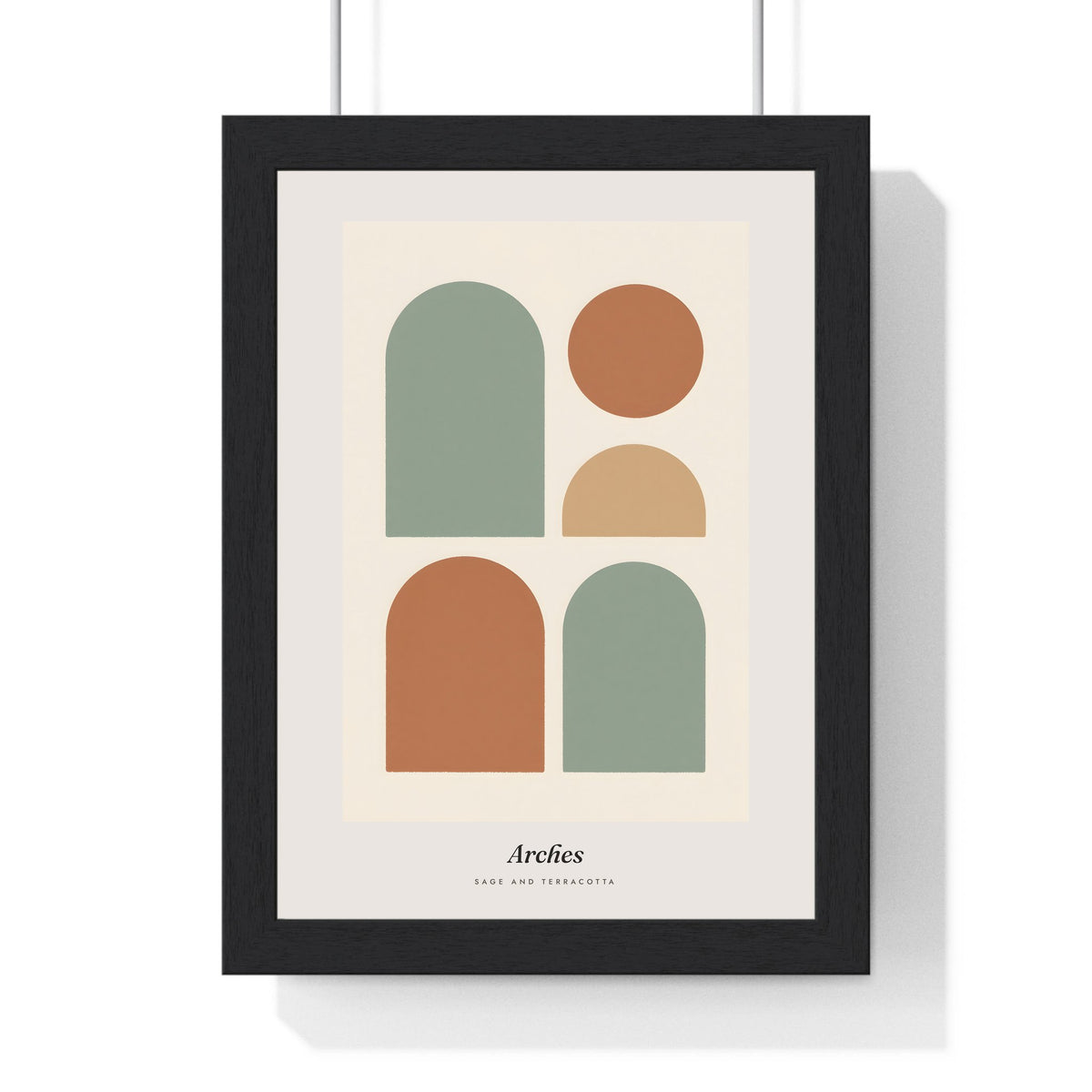 Sage Arches Abstract Print - Home Office Wall Art framed in a black frame, ready to hang