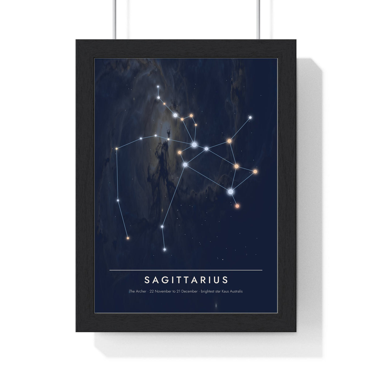 Sagittarius Constellation print framed in a black frame, ready to hang