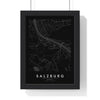 Salzburg street map poster in black, minimal city map print framed in a black frame
