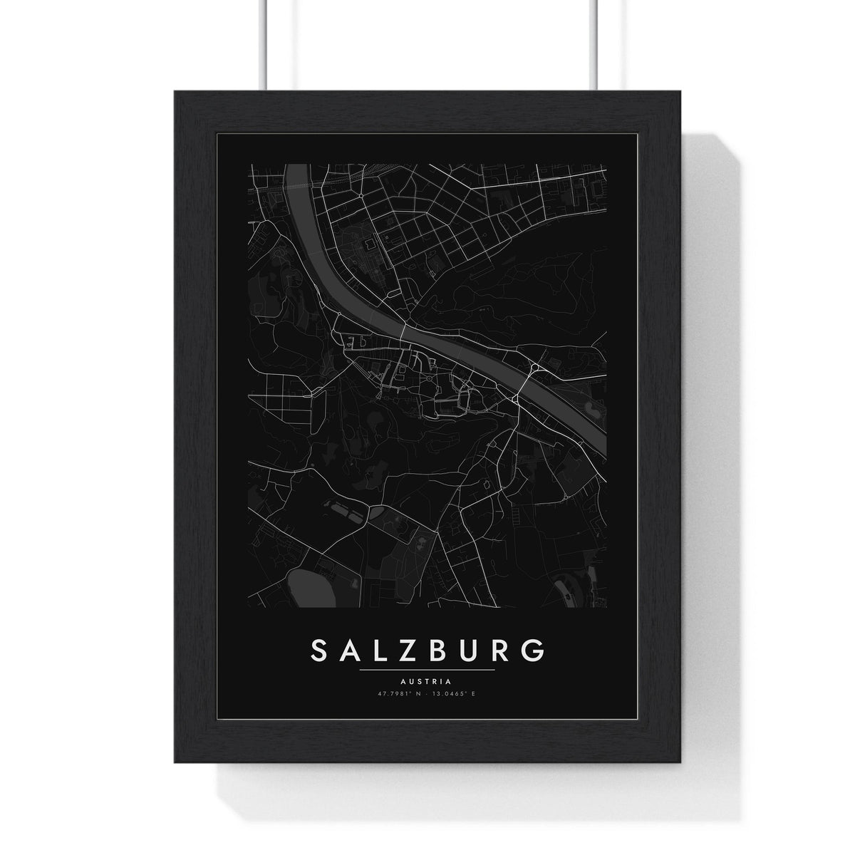 Salzburg street map poster in black, minimal city map print framed in a black frame
