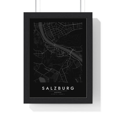 Salzburg street map poster in black, minimal city map print framed in a black frame