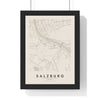 Salzburg street map poster in cream, minimal city map print framed in a black frame