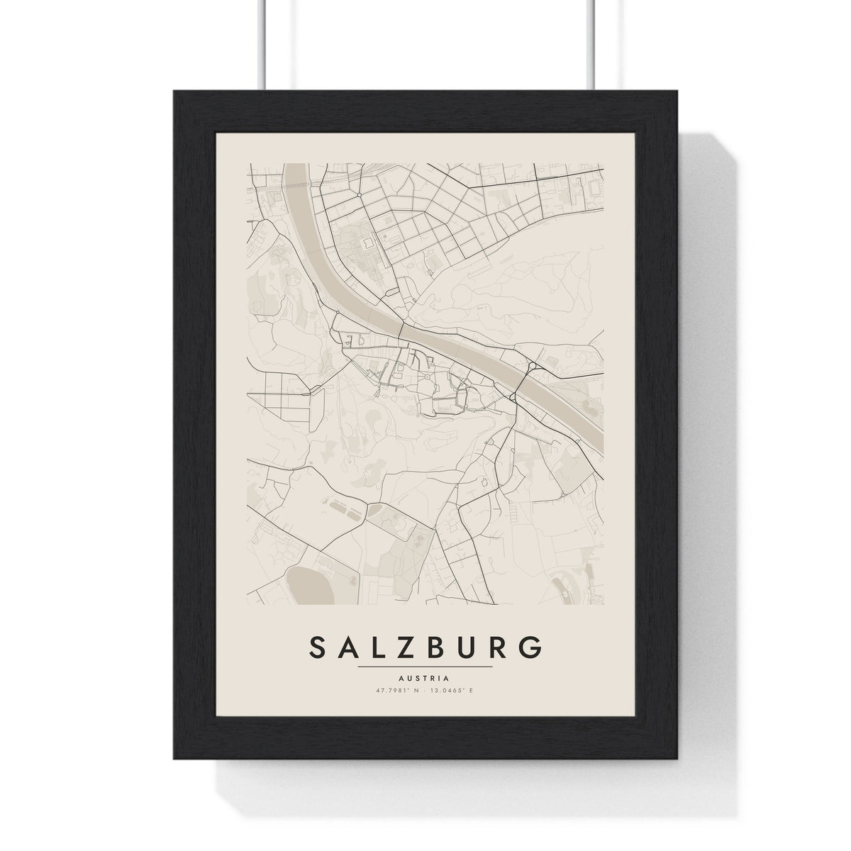 Salzburg street map poster in cream, minimal city map print framed in a black frame