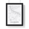 Salzburg street map poster in white, minimal city map print framed in a black frame