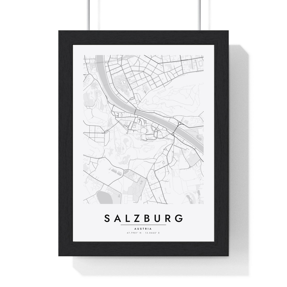 Salzburg street map poster in white, minimal city map print framed in a black frame