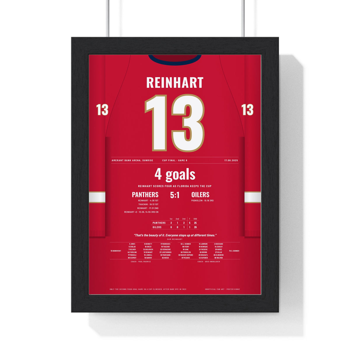 Sam Reinhart 2025 Cup Final Four Goals Poster - Florida Panthers 13 Hockey Jersey Print framed in a black frame, ready to hang