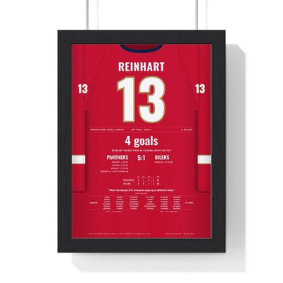 Sam Reinhart 2025 Cup Final Four Goals Poster - Florida Panthers 13 Hockey Jersey Print framed in a black frame, ready to hang