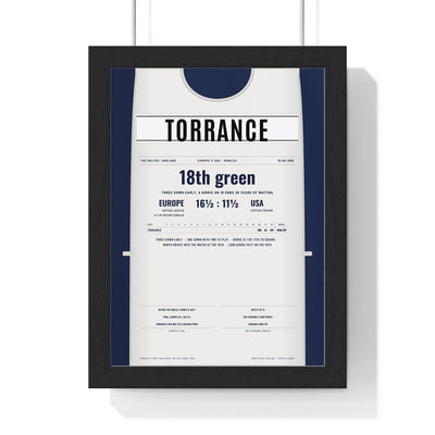 Sam Torrance The Belfry 1985 Golf Poster - Caddie Bib Europe v USA Winning Putt Print framed in a black frame, ready to hang