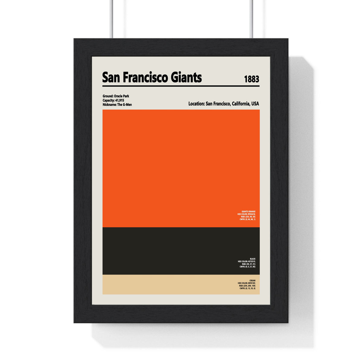San Francisco Giants colour swatch print framed in a black frame, ready to hang