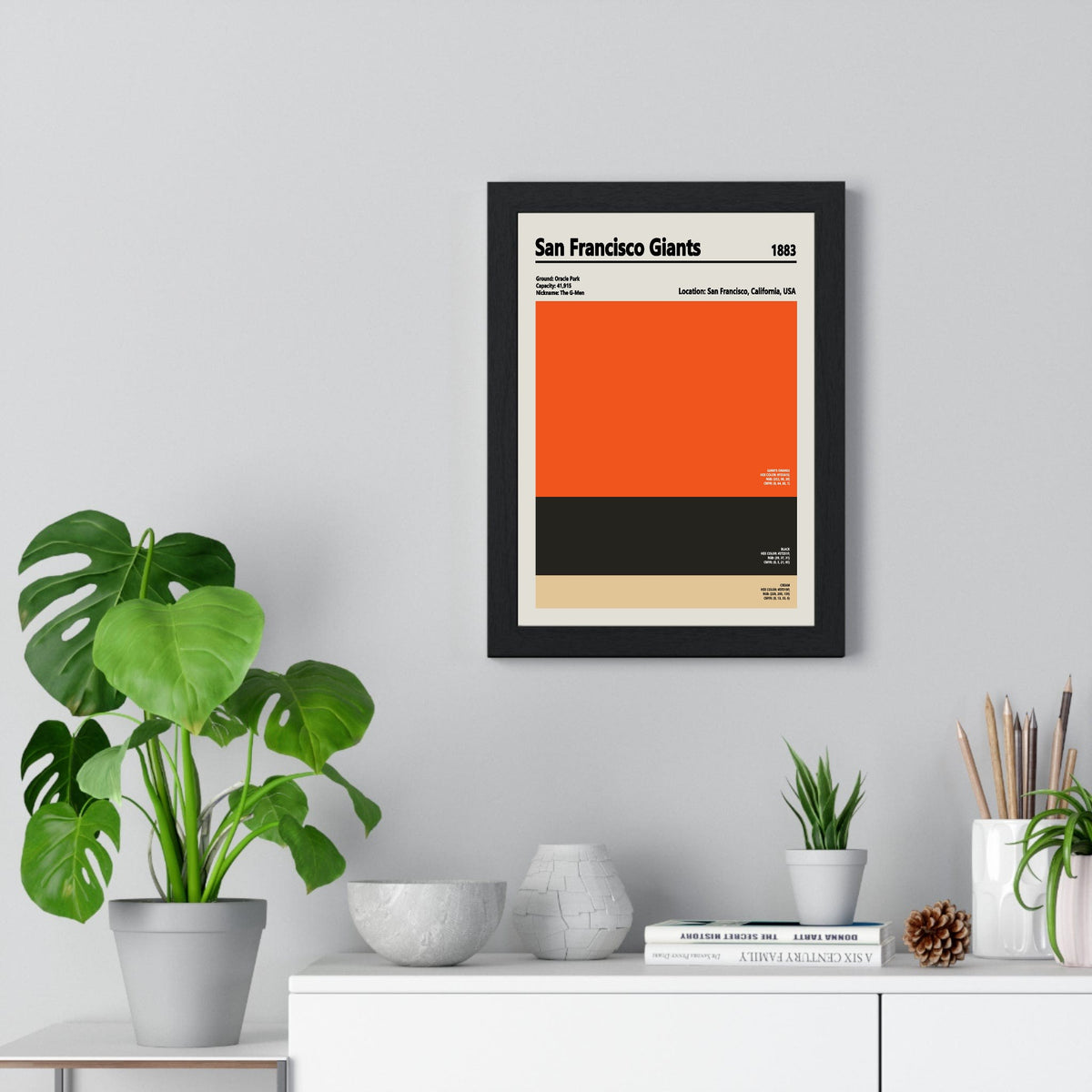San Francisco Giants colour swatch print framed on a living room wall