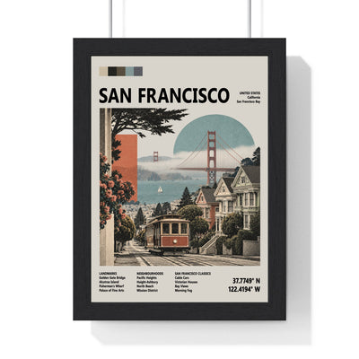 San Francisco Mid Century Travel print framed in a black frame, ready to hang