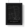 San Francisco street map poster in black, minimal city map print framed in a black frame