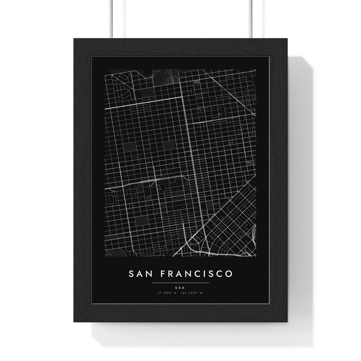 San Francisco street map poster in black, minimal city map print framed in a black frame