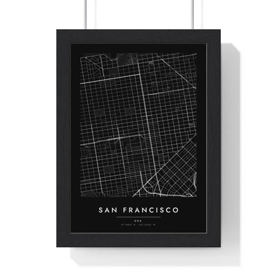 San Francisco street map poster in black, minimal city map print framed in a black frame