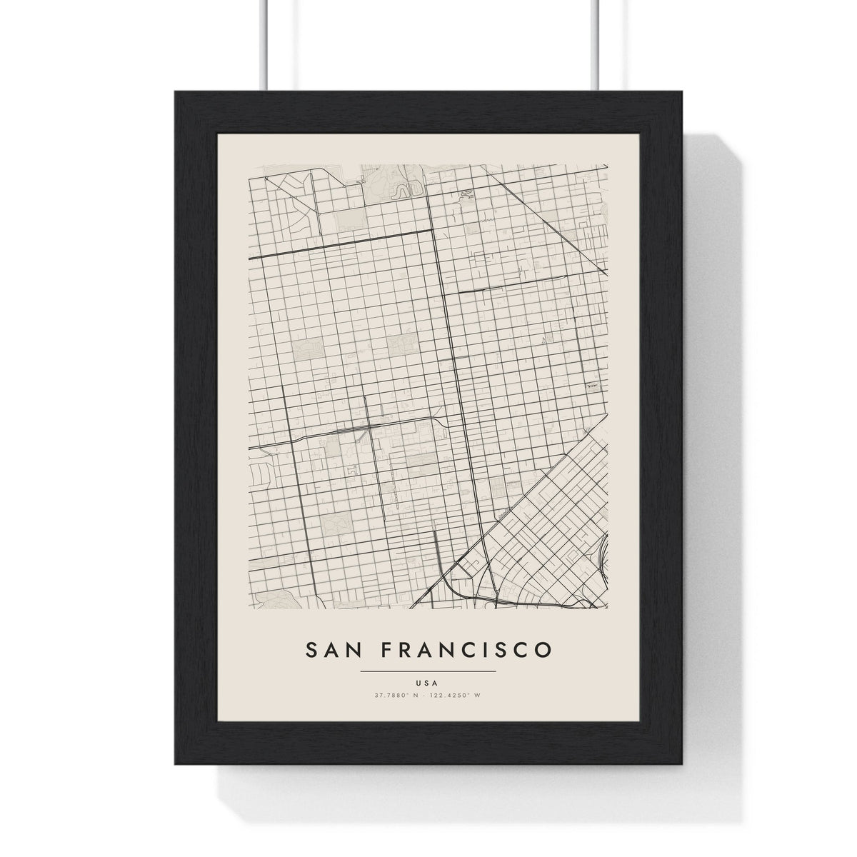 San Francisco street map poster in cream, minimal city map print framed in a black frame