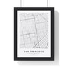 San Francisco street map poster in white, minimal city map print framed in a black frame