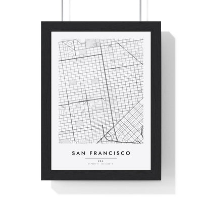 San Francisco street map poster in white, minimal city map print framed in a black frame