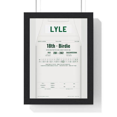 Sandy Lyle Augusta 1988 Golf Poster - Caddie Overalls Bunker Shot Birdie Print framed in a black frame, ready to hang