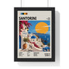 Santorini Mid Century Travel print framed in a black frame, ready to hang