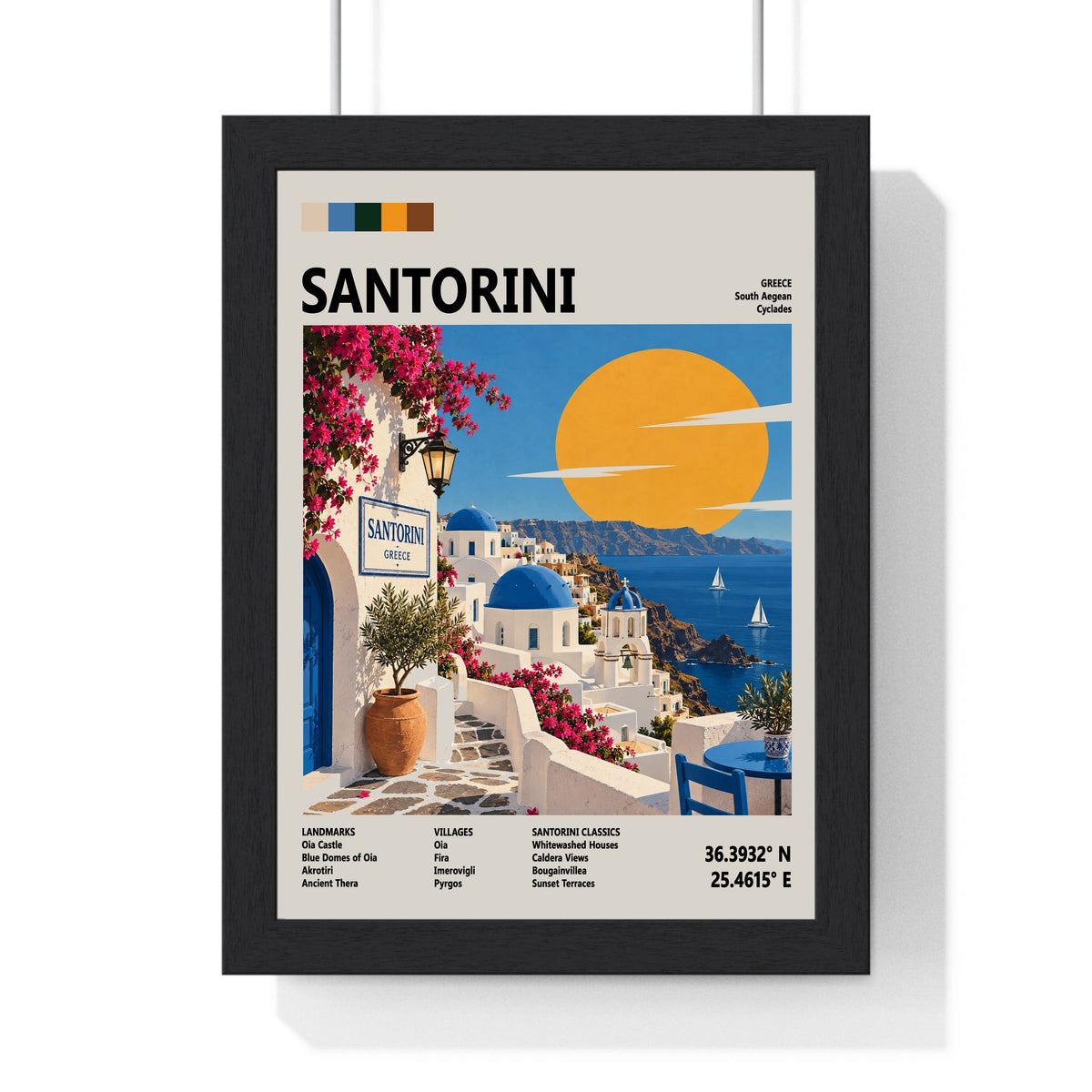 Santorini Mid Century Travel print framed in a black frame, ready to hang