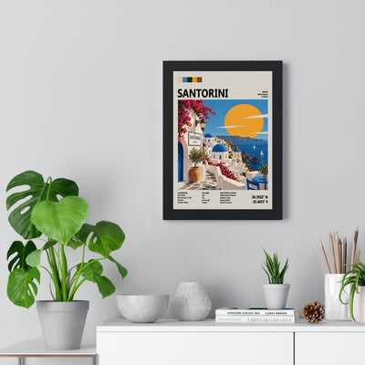Santorini Mid Century Travel print framed on a living room wall