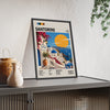 Santorini Mid Century Travel print framed and leaning on a sideboard