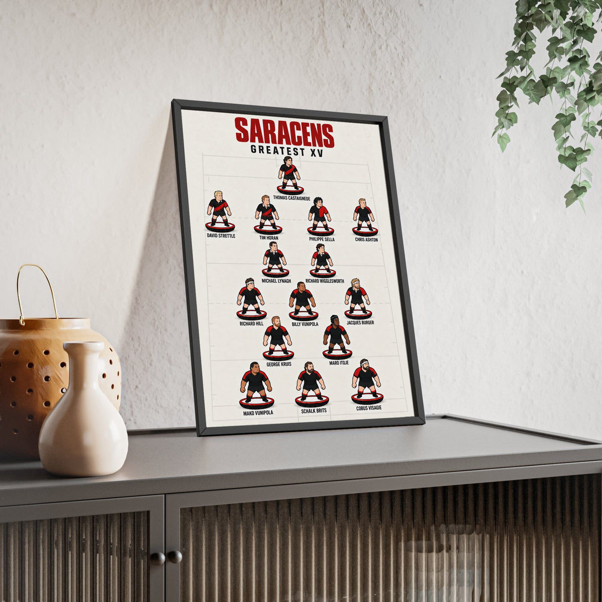 Saracens Greatest XV framed print leaning on a sideboard