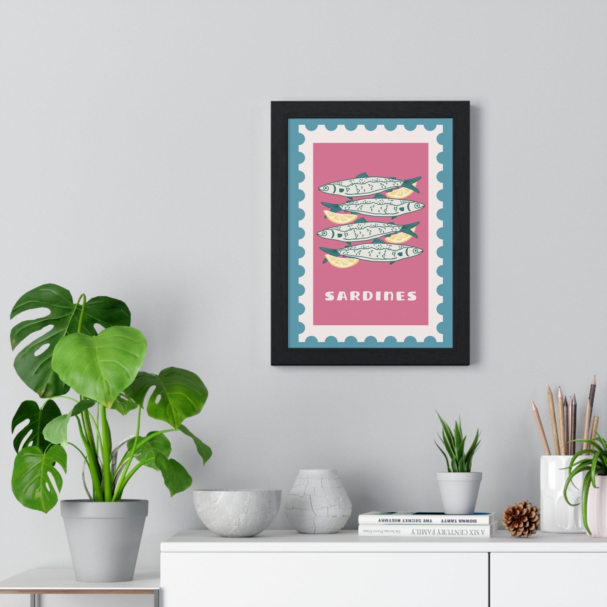 Framed Sardines Kitchen Print - Coastal Seafood print