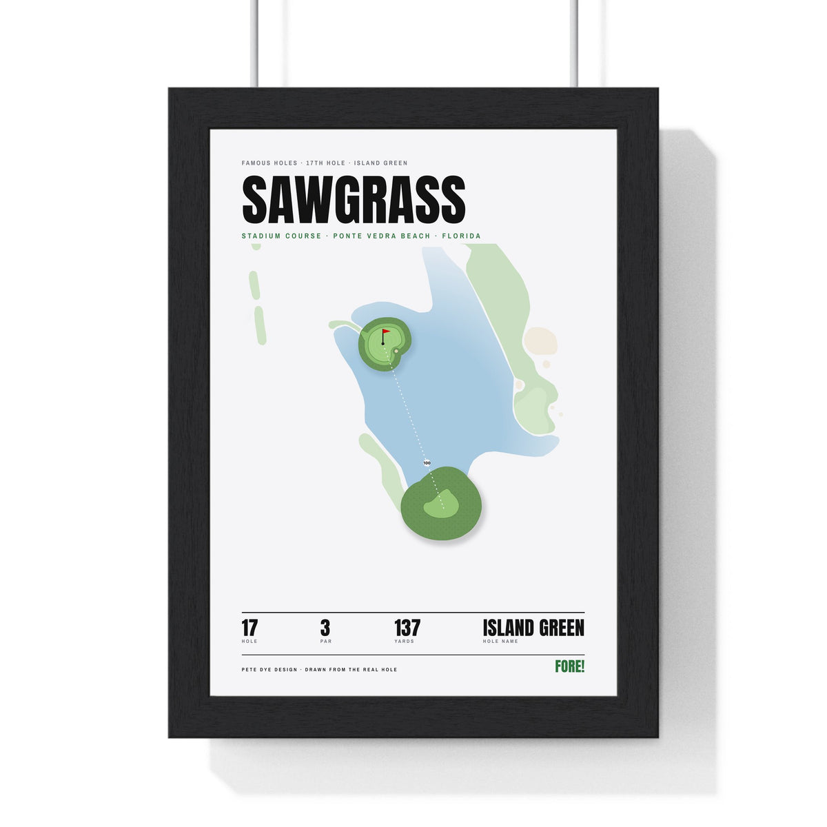 Sawgrass 17th Hole White print framed in a black frame, ready to hang