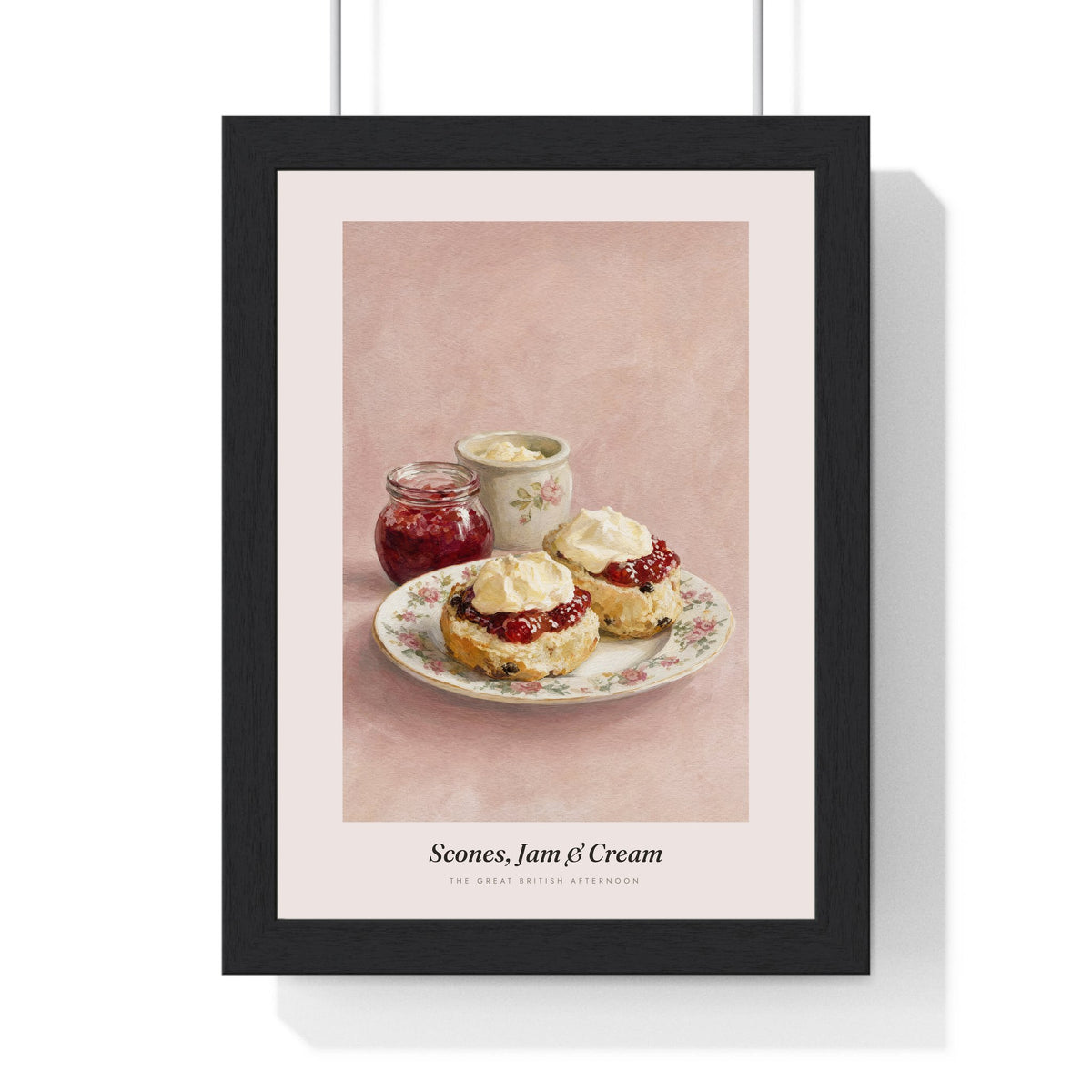 Scones, Jam and Cream Print framed in a black frame, ready to hang