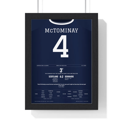 Scotland 4-2 Denmark 2025 Poster - McTominay 4 Overhead Kick Hampden framed in a black frame, ready to hang