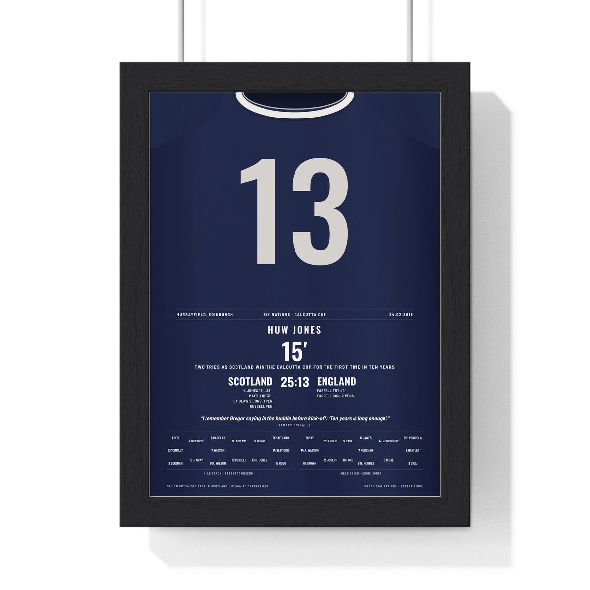Scotland Calcutta Cup 2018 Poster - Huw Jones 13 Two Tries v England Murrayfield Rugby Print framed in a black frame, ready to hang