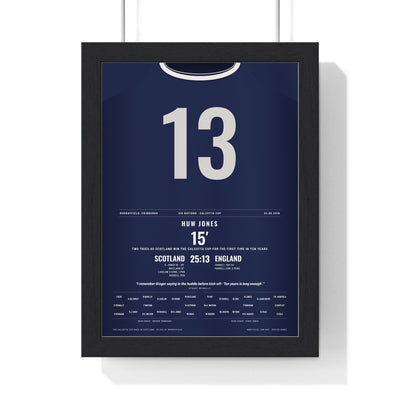 Scotland Calcutta Cup 2018 Poster - Huw Jones 13 Two Tries v England Murrayfield Rugby Print framed in a black frame, ready to hang