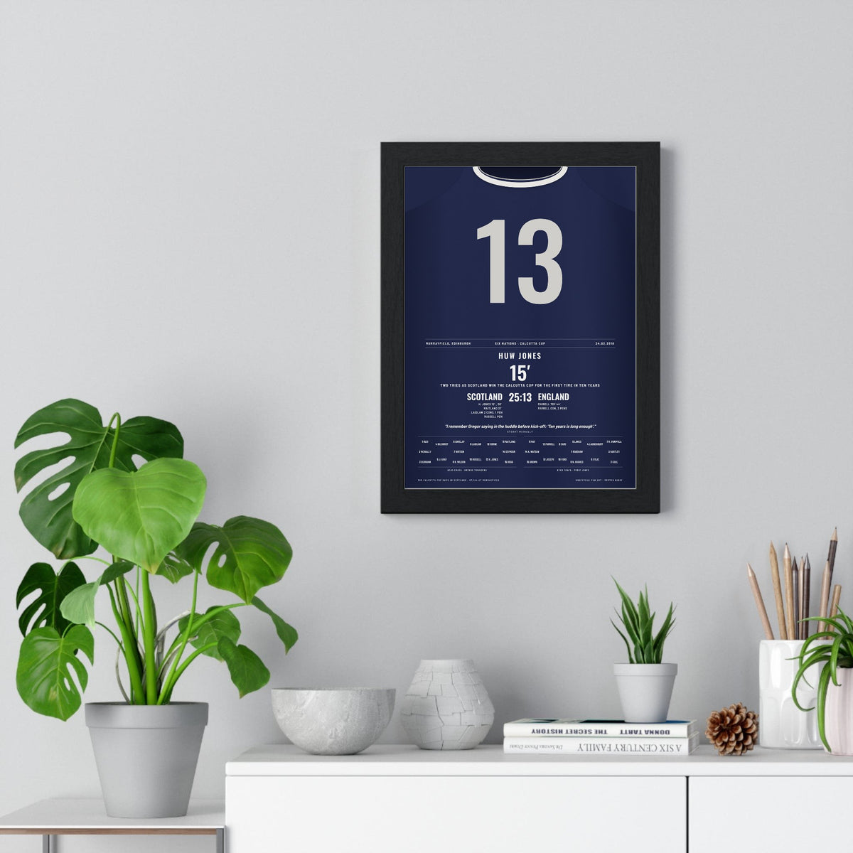 Scotland Calcutta Cup 2018 Poster - Huw Jones 13 Two Tries v England Murrayfield Rugby Print framed on a living room wall