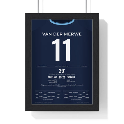Scotland Calcutta Cup 2023 Poster - Duhan van der Merwe 11 Solo Try Twickenham Rugby Print framed in a black frame, ready to hang