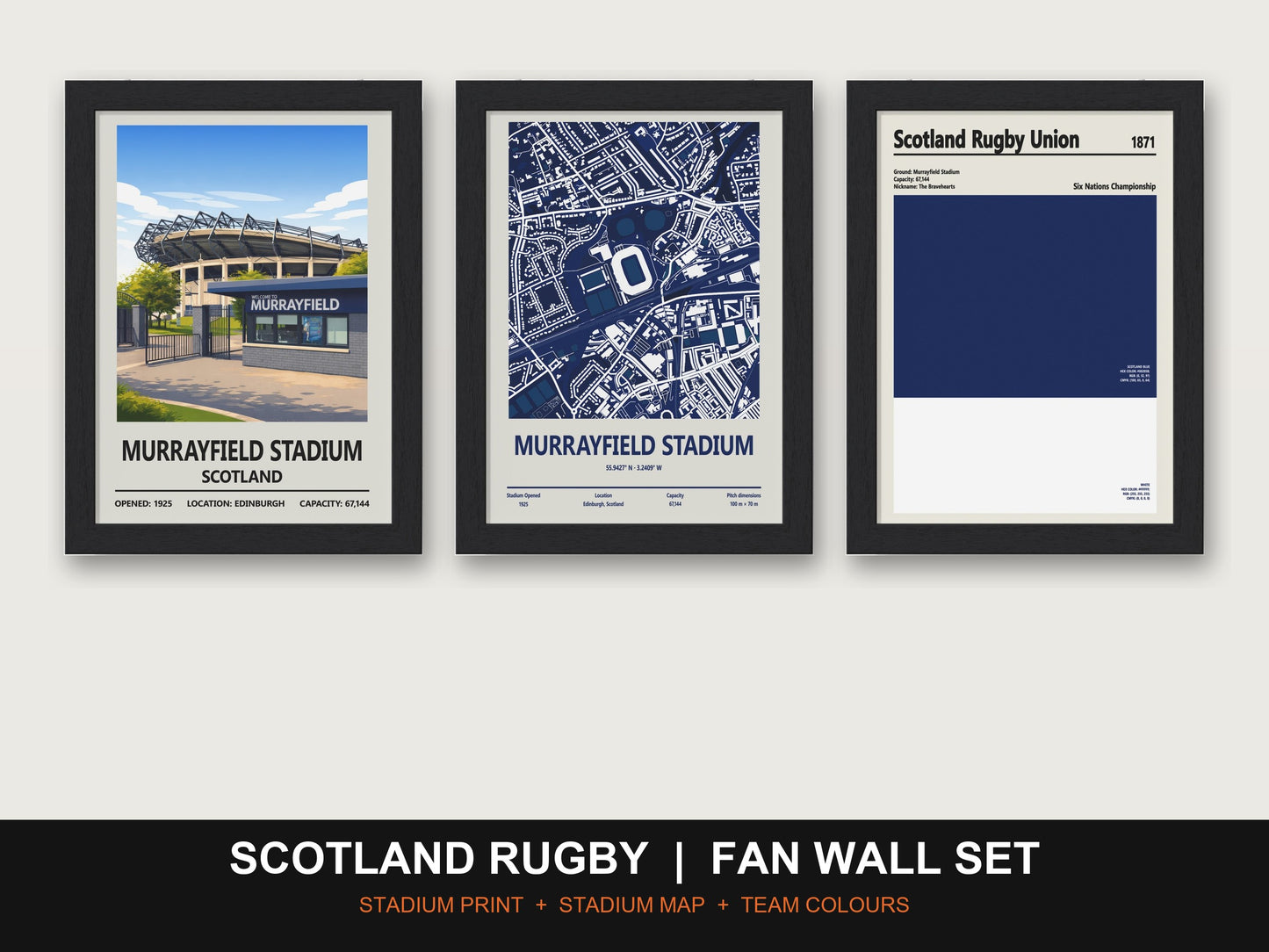 Scotland Rugby Fan Wall Set | Murrayfield Stadium Print, Stadium Map & Team Colours