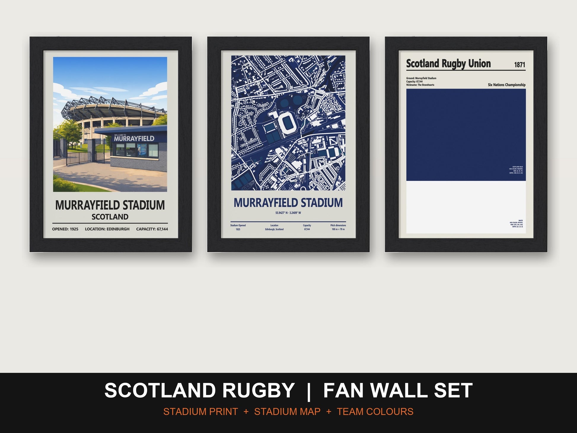 Scotland Rugby Fan Wall Set | Murrayfield Stadium Print, Stadium Map & Team Colours